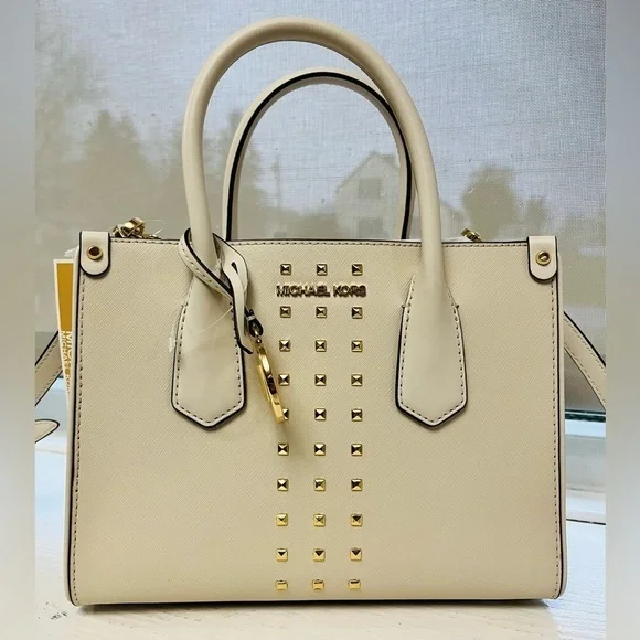 Michael Kors Maple Studded Satchel Crossbody Cream Leather NWT